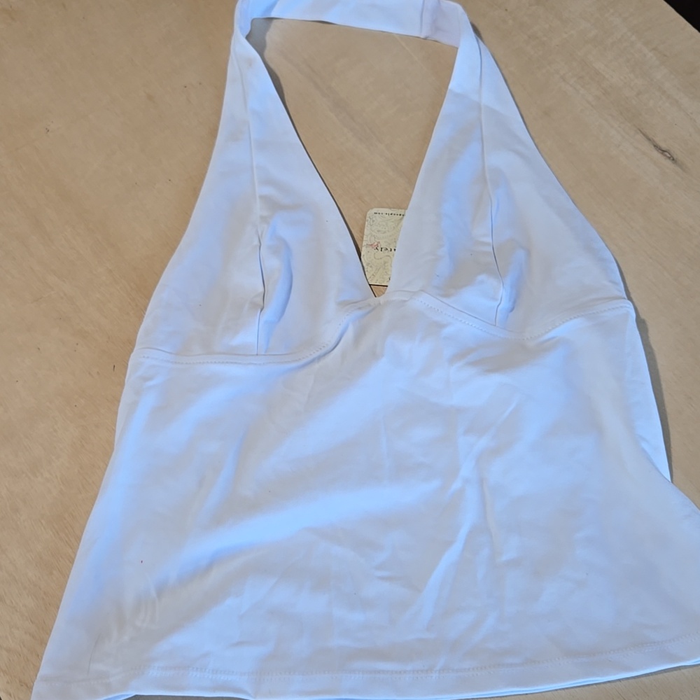 NWT Intimately Free White Halter Bikini Top Sz Md Deep V Wide Strap Stretch